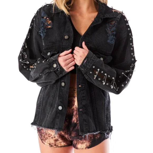 Carmar Audrey Safety Pin Sleeve Shredded Black Denim Jacket - Picture 2 of 10